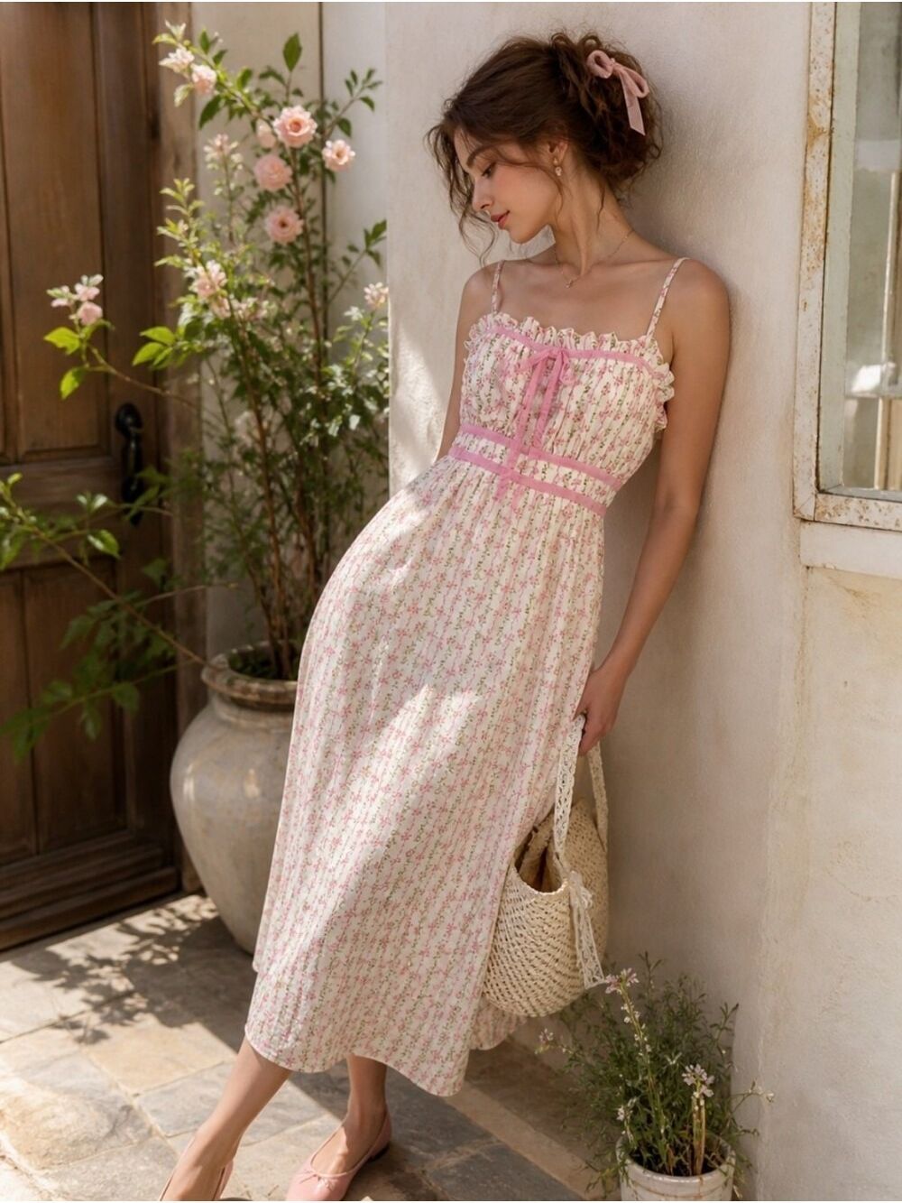 Blu Pepper Pink Floral Bow Midi Dress Smocked Coquette NWT Medium